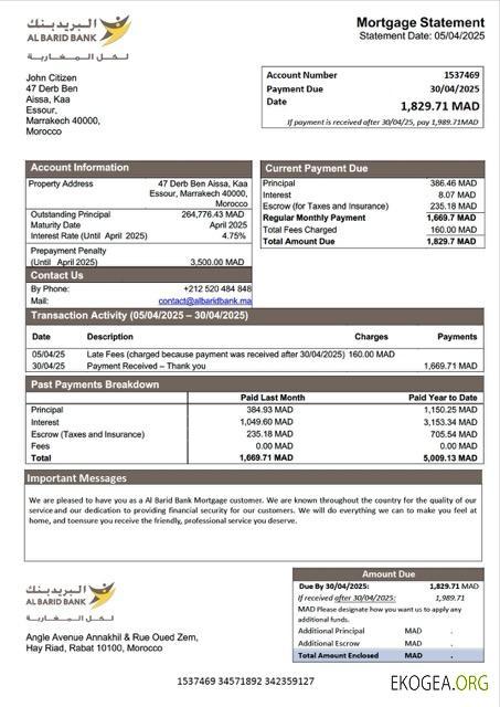 Modèle Word et PDF de relevé hypothécaire de la banque Al Barid au Maroc